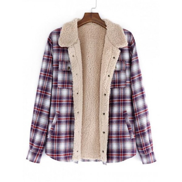 Fuzzy Flannel Plaid Casual Button Fluffy...