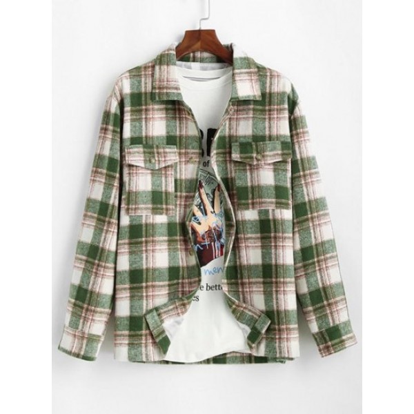 Plaid Pocket Button Up Wool Jacket