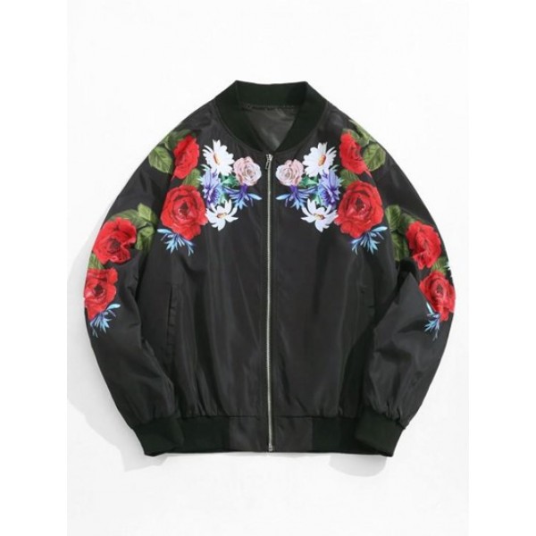 Flower Pattern Print Zip Up Bomber Jacke...