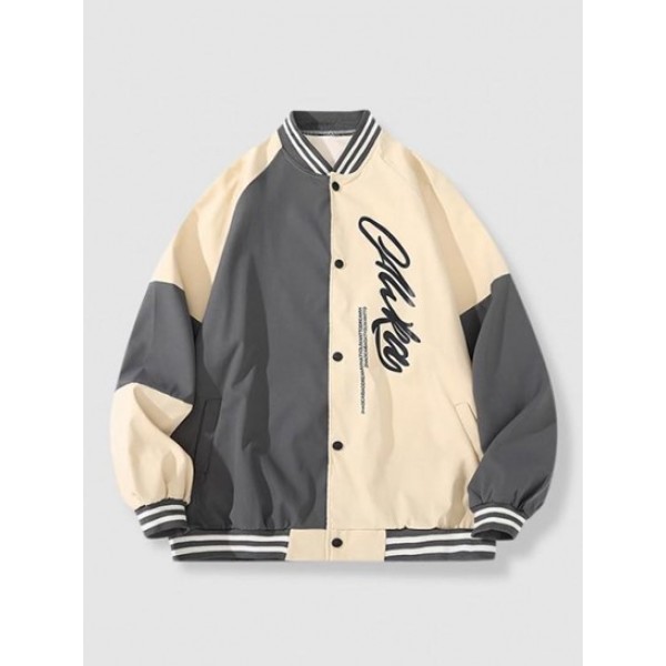 Two Tone Letter Printed Button Fly Bomber Varsity Jacket