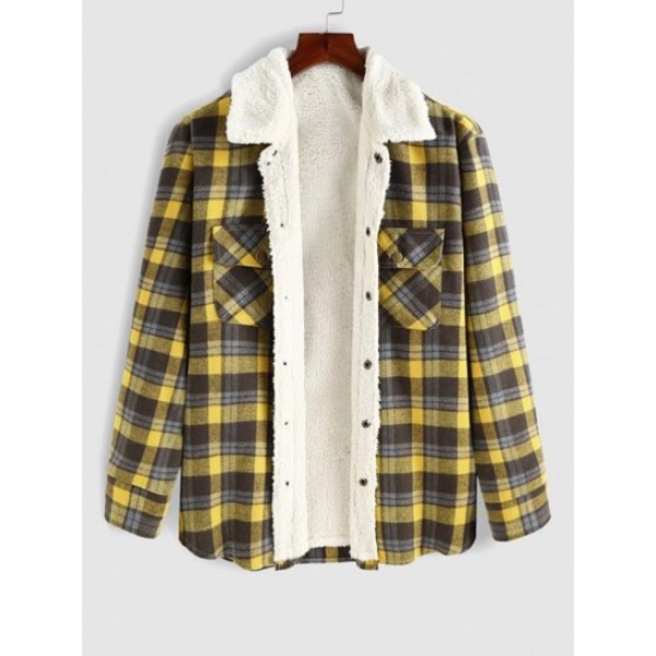 Fluffy Fleece-lined Plaid Pattern Button...