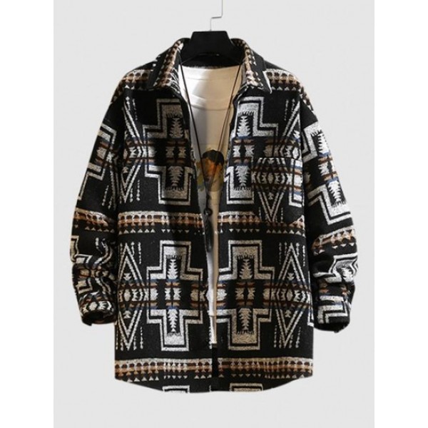 Wool Blend Ethnic Aztec Printed Pocket Vintage Shirt Jacket