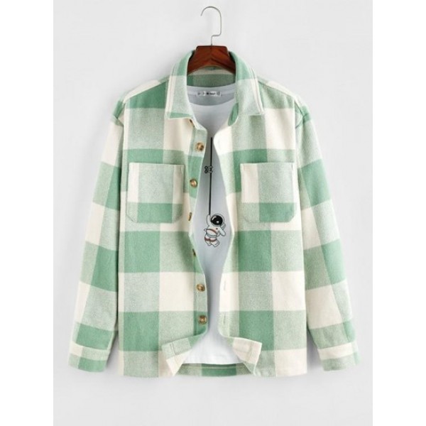 Plaid Pattern Double Pockets Wool Blend ...