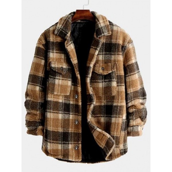 Plaid Pocket Button Up Teddy Fluffy Flee...