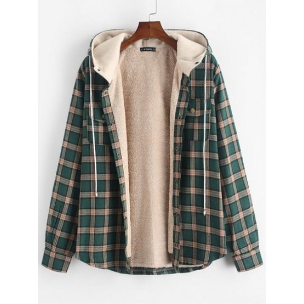 Fuzzy Flannel Plaid Chest Pocket Fleece ...