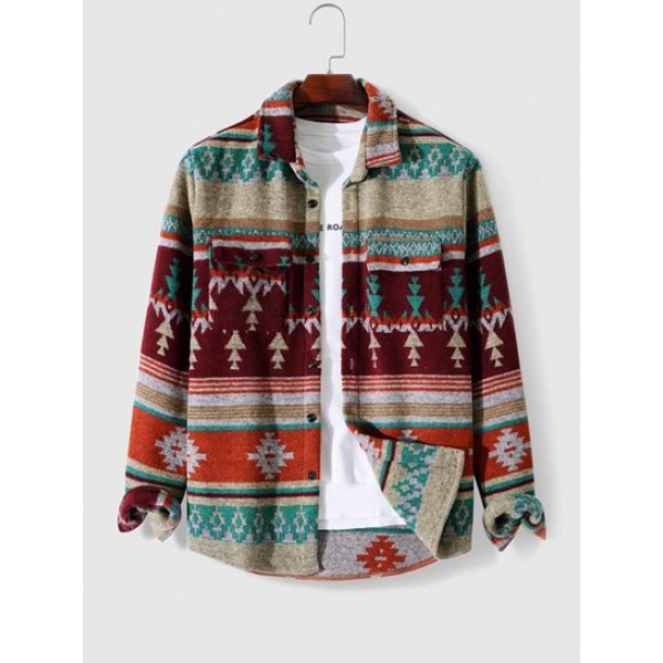 Tribal Geometric Ethnic Aztec Printed Blend Wool Shirt Jacket