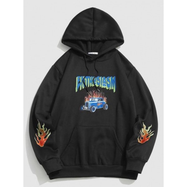 Streetwear Flame Car Graphic Fleece-lined Streetwear Hoodie