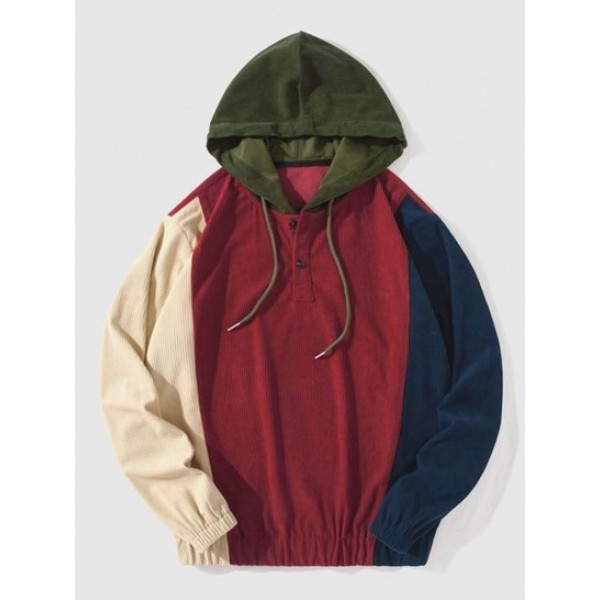 Colorblock Drawstring Ribbed Corduroy Ho...