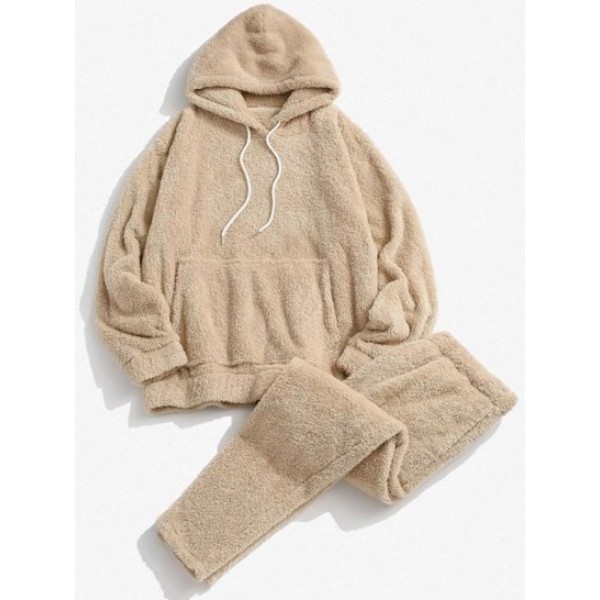 Solid Front Pocket Fluffy Fleece Hoodie ...