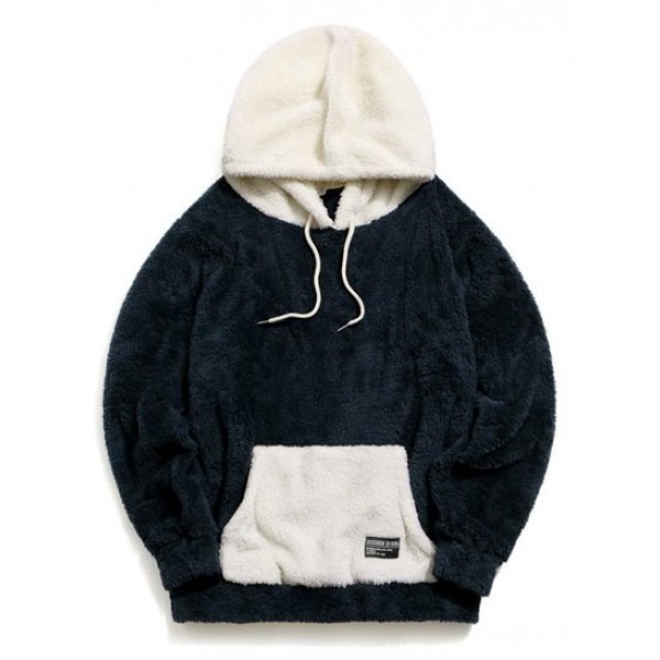 Colorblock Kangaroo Pocket Fluffy Hoodie