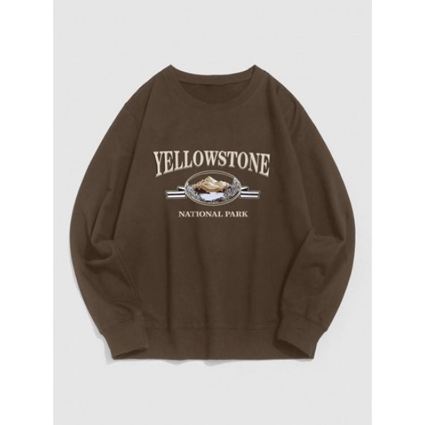 Streetwear Yellow Stone Mountain Scenic Vintage Graphic Crewneck Sweatshirt