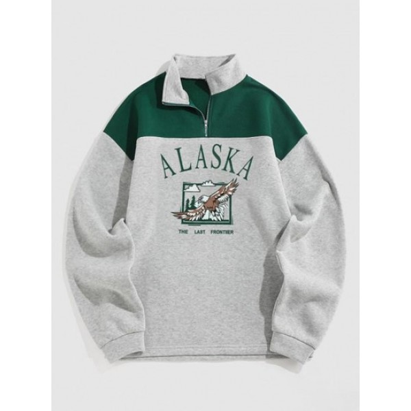 Streetwear Vintage ALASKA Graphic Eagle Printed Colorblock Fleece Quarter Zip Sweatshirt