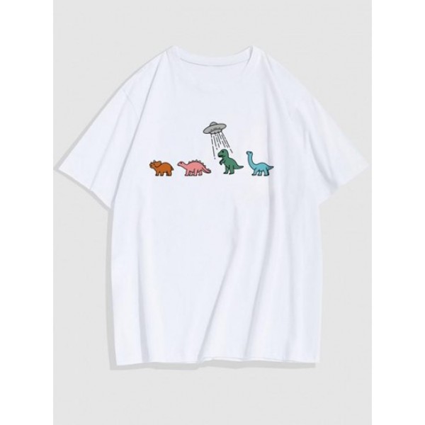 Funny Small Dinosaur Printed Crew Neck T...