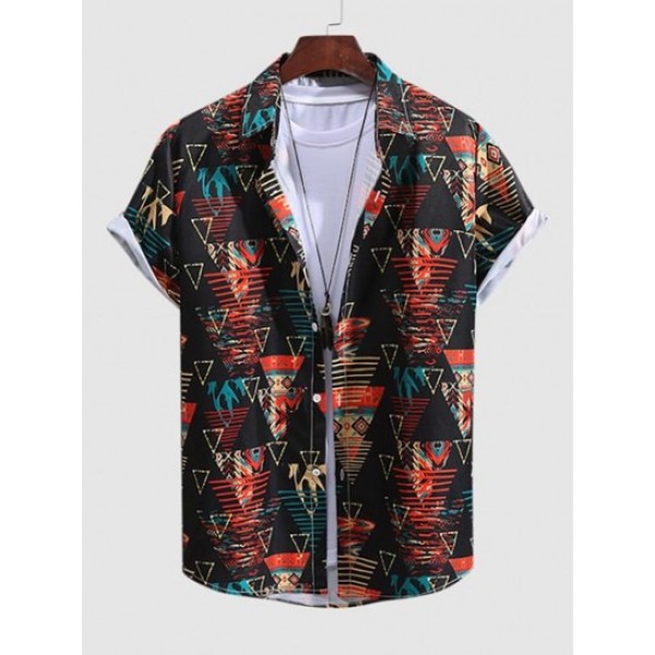 Triangle Print Short Sleeve Button Casua...