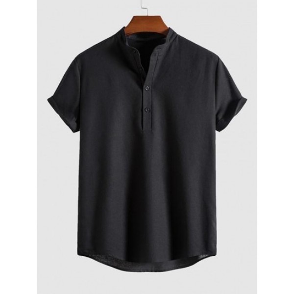 Half Button Solid Color Short Sleeve Shi...