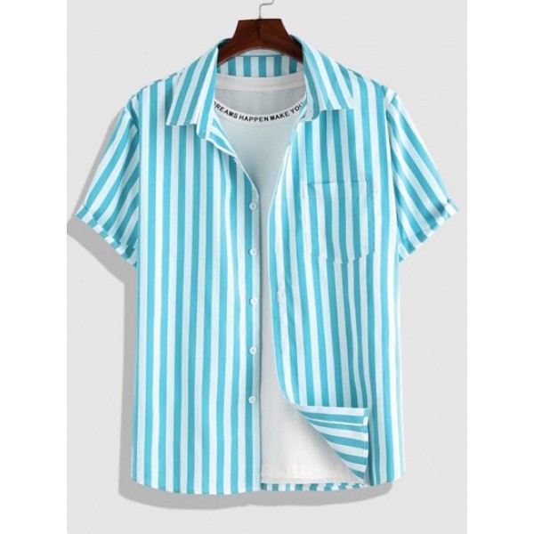 Button Up Short Sleeve Vertical Stripe S...