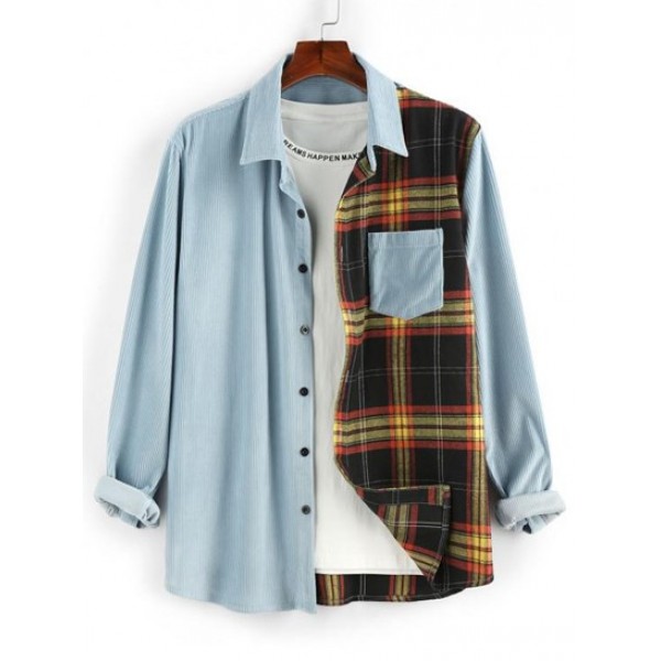 Plaid Panel Button Up Corduroy Shirt