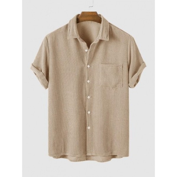 Corduroy Solid Color Casual Short Sleeve...