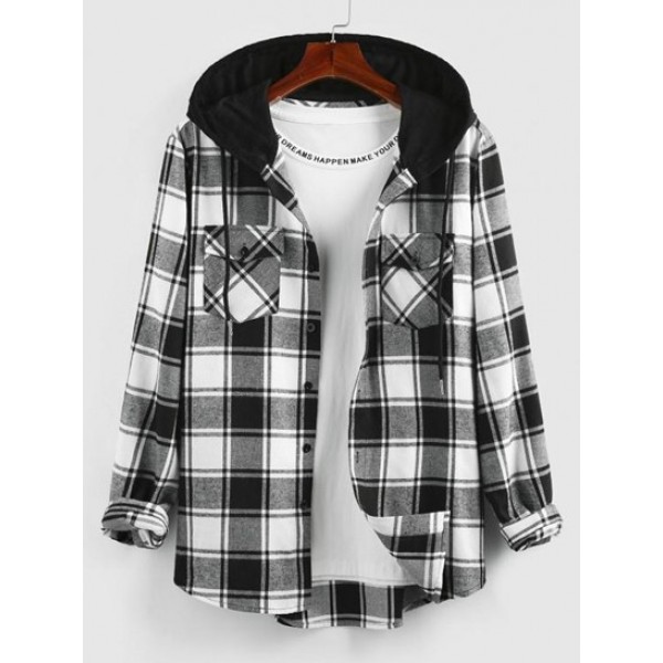 Hooded Plaid Print Double Pockets Shirt