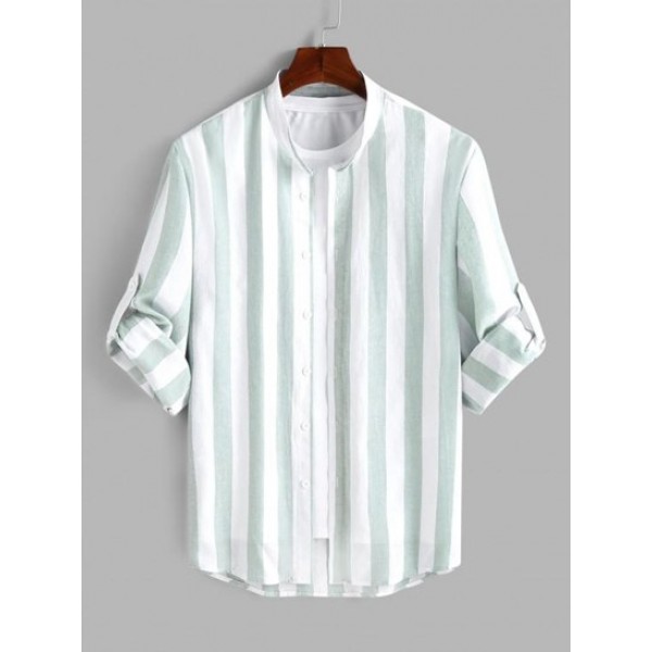 Slub Cotton Roll Up Long Sleeves Striped...