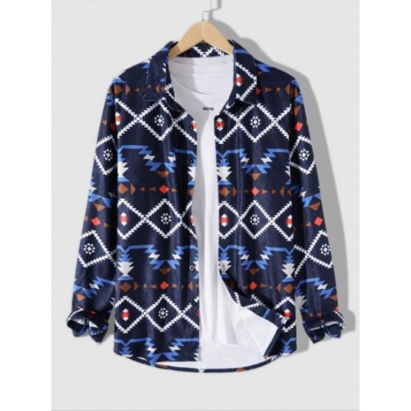 Button Up Vintage Ethnic Aztec Printed C...