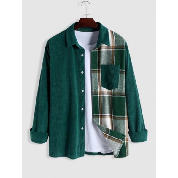 Two Tone Plaid Spliced Long Sleeves Shir...