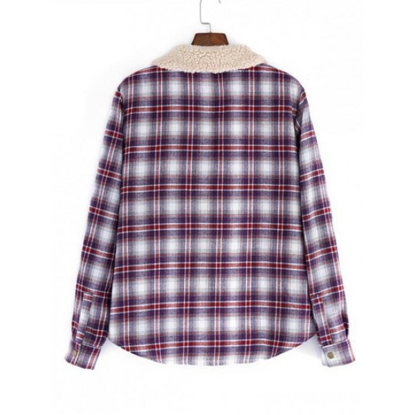 Fuzzy Flannel Plaid Casual Button Fluffy Shirt Jacket