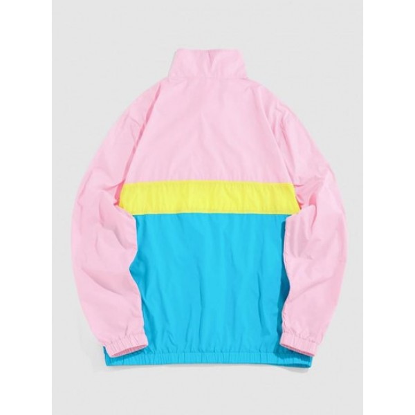 Quarter Zipper Design Colorblock Hooded Windbreaker