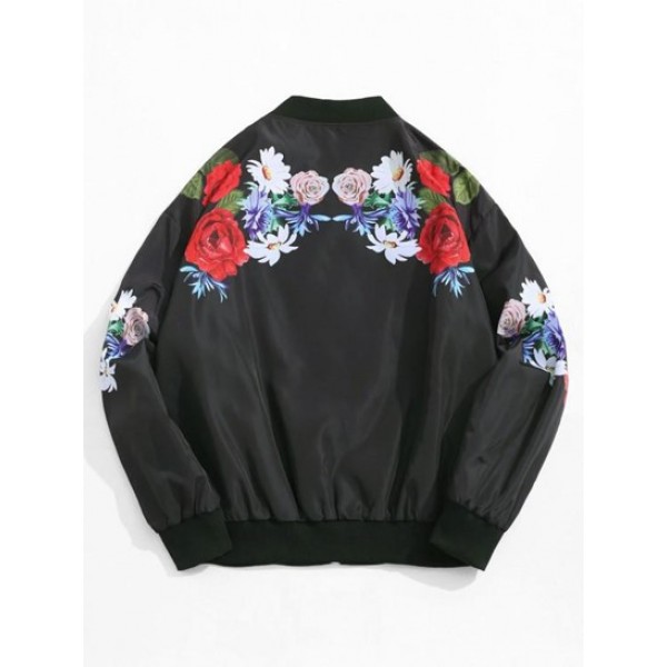 Flower Pattern Print Zip Up Bomber Jacket