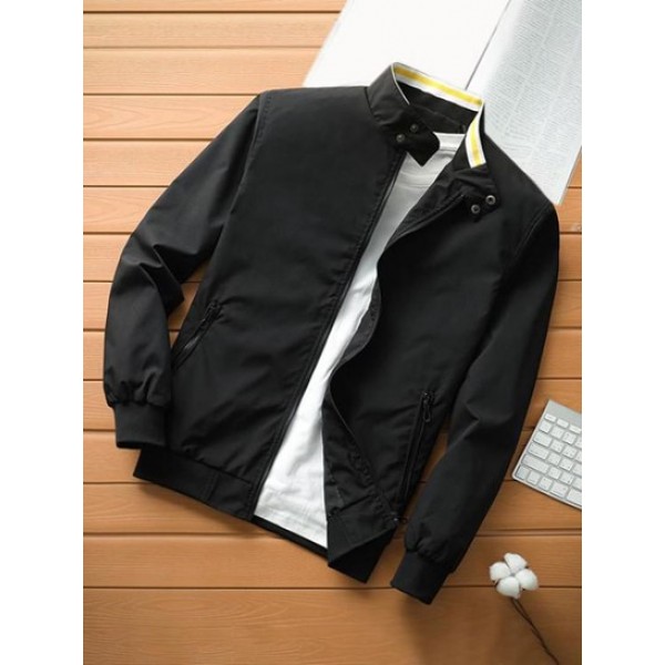 Stand Collar Zip Up Pocket Solid Color Jacket