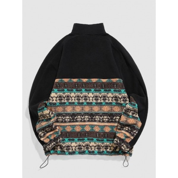 Geometric Ethnic Aztec Printed Zipper Fly Fluffy Jacket