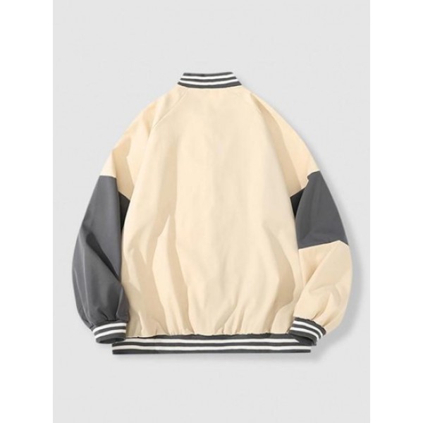 Two Tone Letter Printed Button Fly Bomber Varsity Jacket