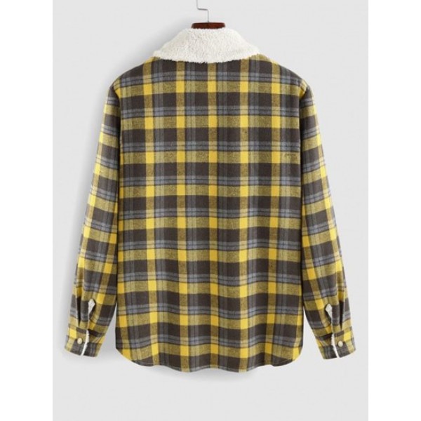 Fluffy Fleece-lined Plaid Pattern Button Front Jacket