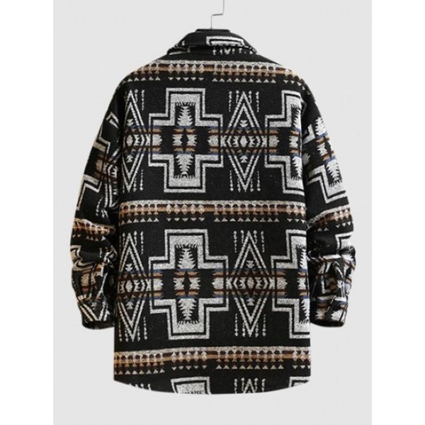 Wool Blend Ethnic Aztec Printed Pocket Vintage Shirt Jacket