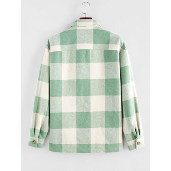 Plaid Pattern Double Pockets Wool Blend Shacket