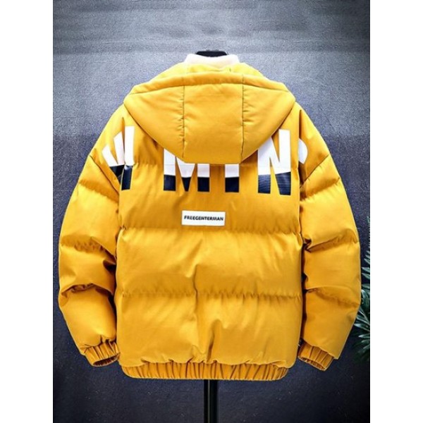 Zip Up Letter Graphic Pockets Puffer Coat