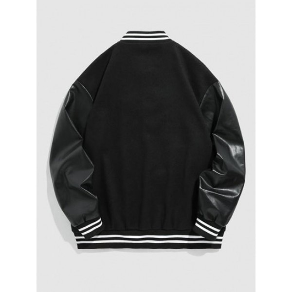 Letter LOS ANGELES Embroidery PU Leather Spliced Baseball Varsity Jacket