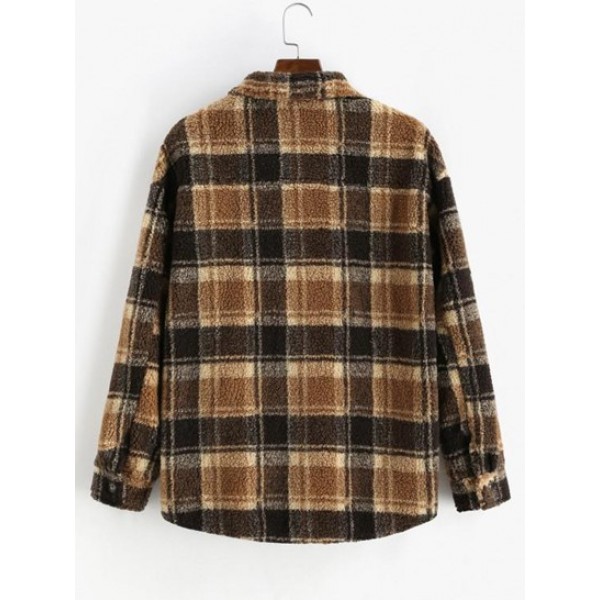 Plaid Pocket Button Up Teddy Fluffy Fleece Shirt Jacket