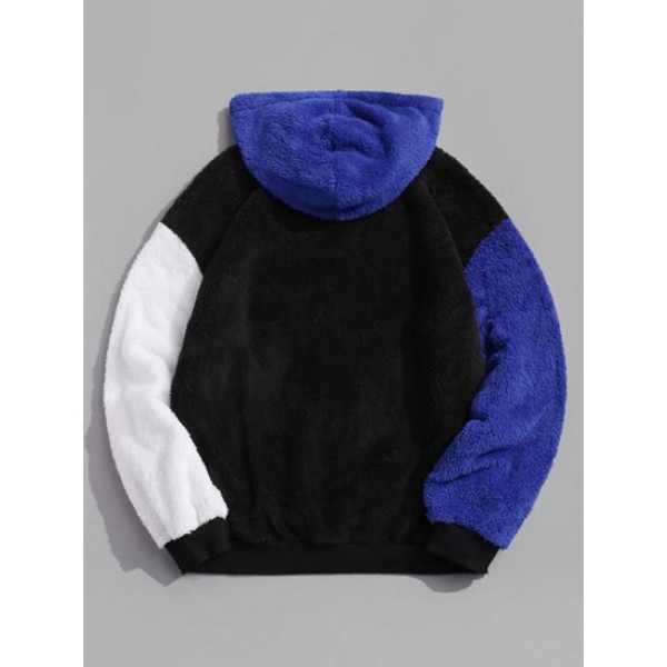 Color-blocking Two Tone Drop Shoulder Faux Fur Fuzzy Hoodie