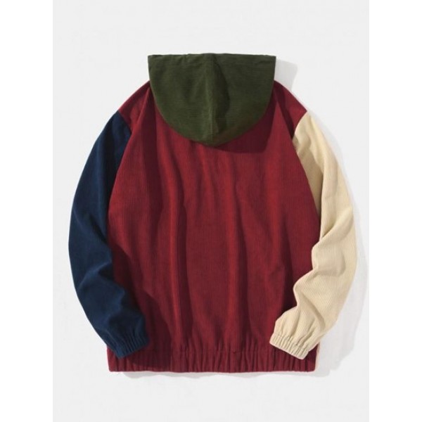 Colorblock Drawstring Ribbed Corduroy Hoodie