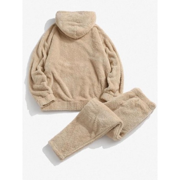 Solid Front Pocket Fluffy Fleece Hoodie And Pants Two Piece Set