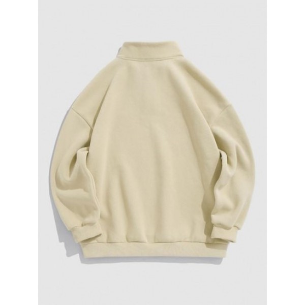 Letter Embroidery Half Zip Fleece Lining Sweatshirt