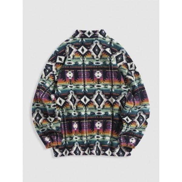 Ethnic Aztec Printed Zip Up Fluffy Teddy Sweatshirt