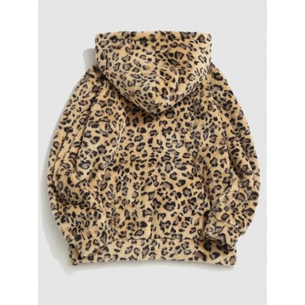 Leopard Pattern Applique Fleece Fluffy Hoodie