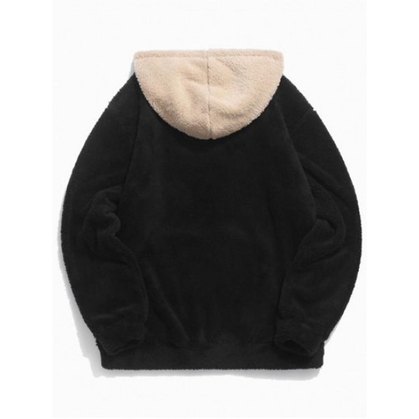 Colorblock Splicing Drawstring Fluffy Fleece Hoodie