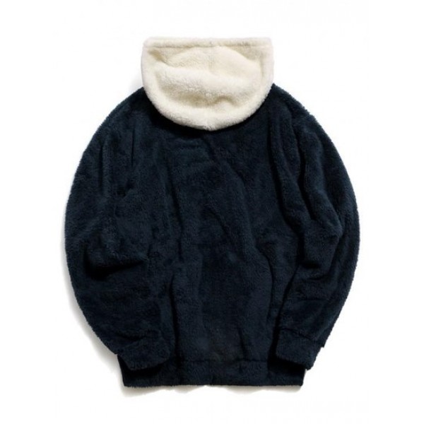 Colorblock Kangaroo Pocket Fluffy Hoodie