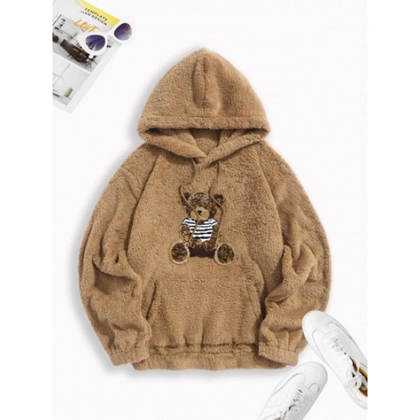 Bear Pattern Pullover Fluffy Teddy Hoodie