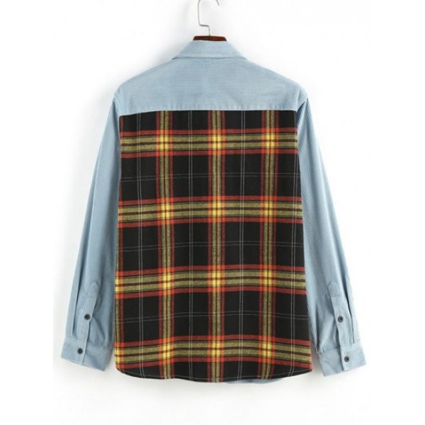 Plaid Panel Button Up Corduroy Shirt