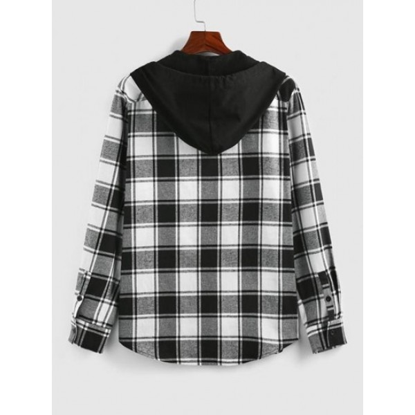 Hooded Plaid Print Double Pockets Shirt