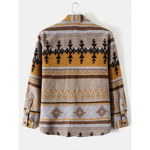 Tribal Geometric Ethnic Aztec Printed Blend Wool Shirt Jacket